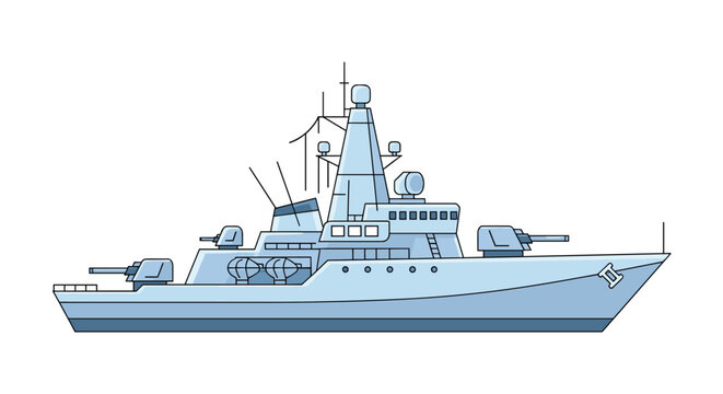 Side view illustration of a modern naval warship or destroyer with turrets and radar equipment rendered in a clean line art style.
