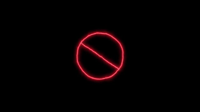Glowing red neon sign stop, cross, cancel, prohibited icon animation on black background.