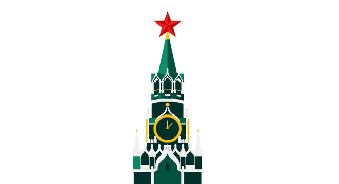 Illustrated iconic clock tower with red star top.