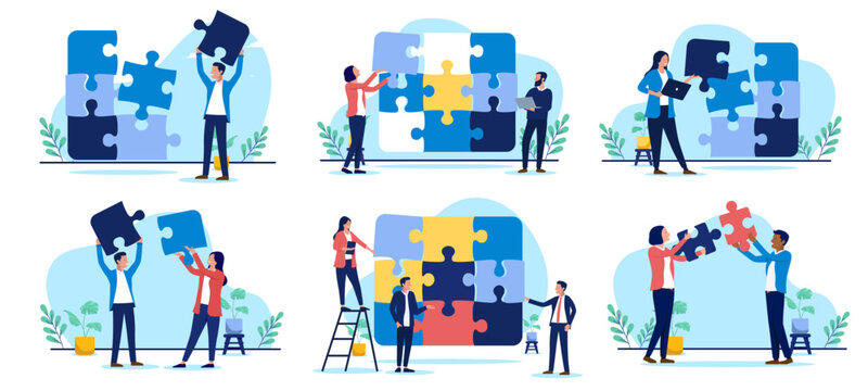 Business problem solving collection with office people characters connecting giant jigsaw puzzle pieces, flat design vector illustration set of teamwork, cooperation and strategy solutions