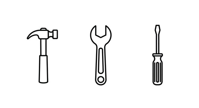 Hammer wrench and screwdriver line icons on a white background