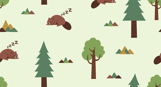 Seamless pattern shows cute sleeping beavers in a forest with pine trees and small green hills on a light pastel background for kids decor.