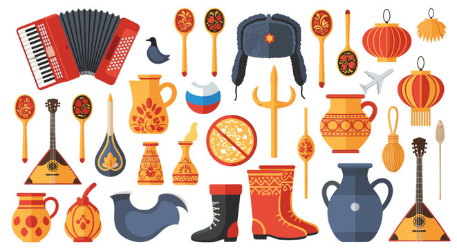 Traditional Russian symbols are displayed in a flat vector illustration including a balalaika, ushanka, and decorative khokhloma spoons.