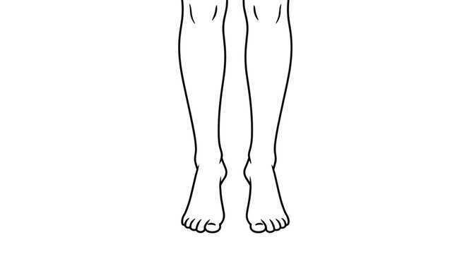 Minimalist line drawing of a person's legs and bare feet standing on a white background, focusing on simple human anatomy.