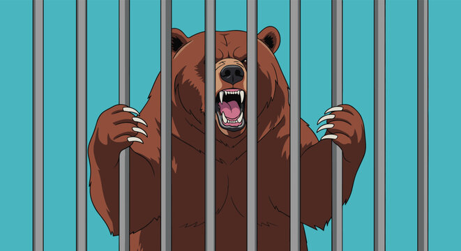 Ferocious brown bear with sharp claws and open mouth roars angrily behind thick grey metal prison bars against a blue background.