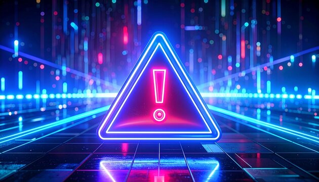 Glowing neon triangle warning sign in digital space