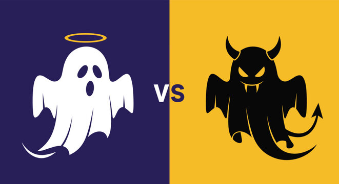 Split screen comparison shows a white angelic ghost with a halo versus a black horned devil ghost with wings and a pointed tail.