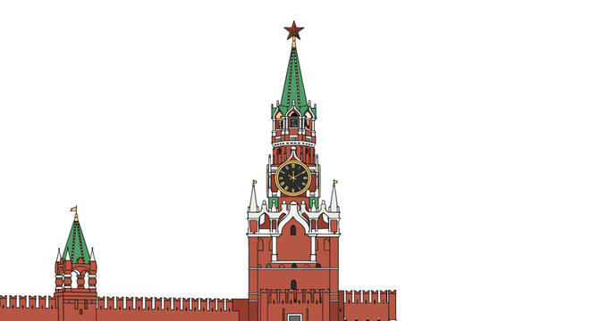 Detailed illustration shows the Spasskaya Tower of the Moscow Kremlin with its famous clock and red star against a white background.
