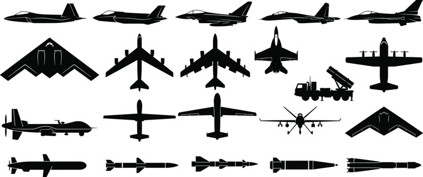 Military Aircraft Missile and Drone Silhouette Collection with Defense Aviation IconsMilitary Aircraft Missile 