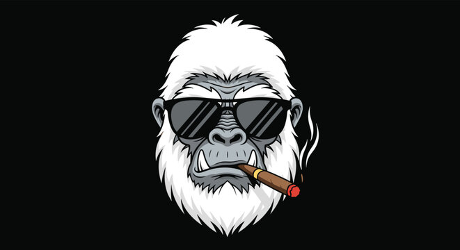 Cool white gorilla head with dark sunglasses and a cigar in its mouth exudes a tough and powerful attitude on a black background.
