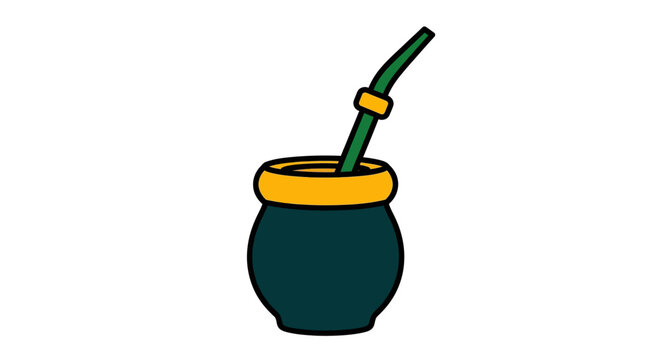Traditional green mate gourd with bamboo straw illustration.