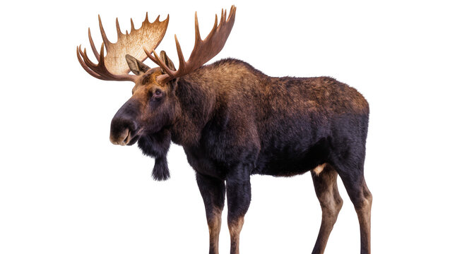 Large male moose with massive antlers standing profile view