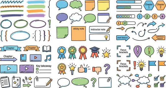 E-learning and online education course study guide vector elements set featuring hand drawn notes markers ribbons brackets badges bubbles progress bars and icons pack