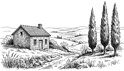 Obraz premium Tuscan landscape sketch vector transparent rural house and cypress trees illustration.