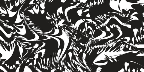 Fototapeta premium Seamless black and white abstract swirl pattern. Liquid marble texture, wavy fluid spiral background optical illusion. Vector illustration for fabric, print
