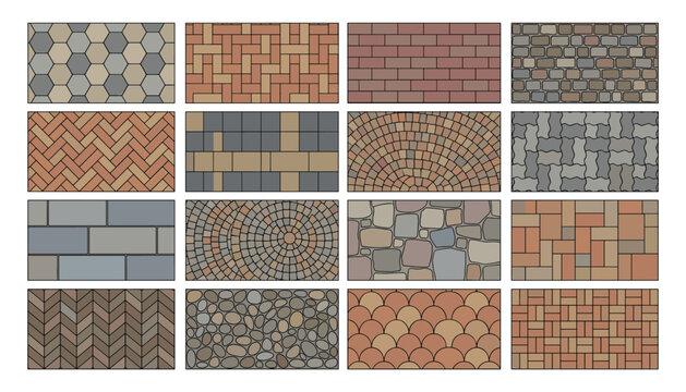 Collection top view paving stone textures and materials set vector transparent.