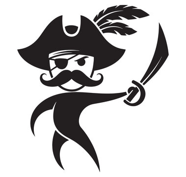 Black silhouette of a cartoon pirate with a sword and a feathered hat  cartoon pirate character with a mustache and an eye patch  holding a sword