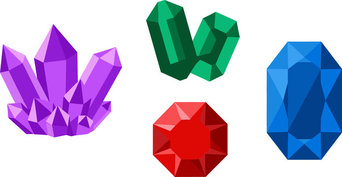 Colorful Precious Gemstone Vector Set Featuring Purple Amethyst Cluster, Green Emerald Crystals, Red Ruby Round Cut, and Blue Sapphire Jewel Elements