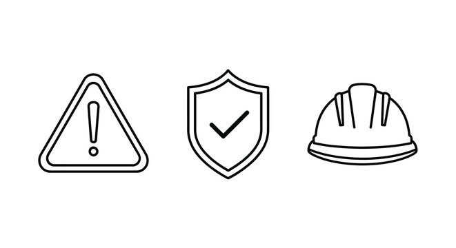 Warning sign shield with checkmark and hard hat line icons on white background