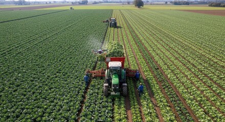 Aerial view of agricultural harvesting operation with tractors and workers gathering crops in a vast green field © Wong