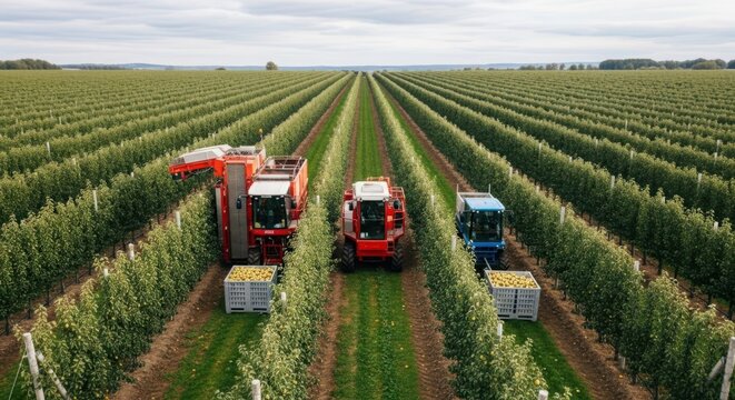 Aerial View of Agricultural Harvesting Machinery Collecting Fruit in an Expansive Apple Orchard