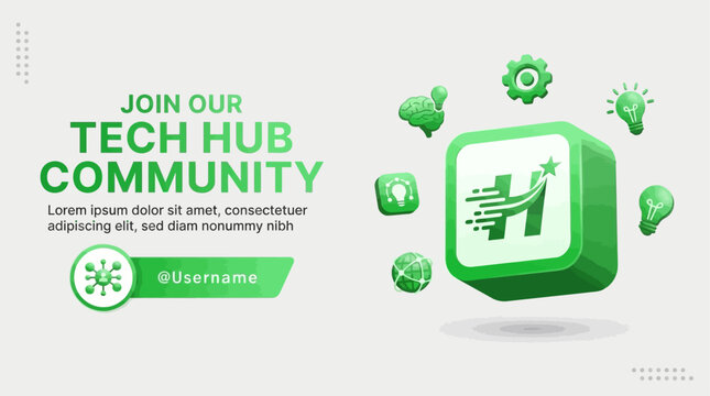 Vector illustration for a tech community hub, featuring a 3D stylized 'H' logo with star, surrounded by digital innovation icons, promoting connection and growth