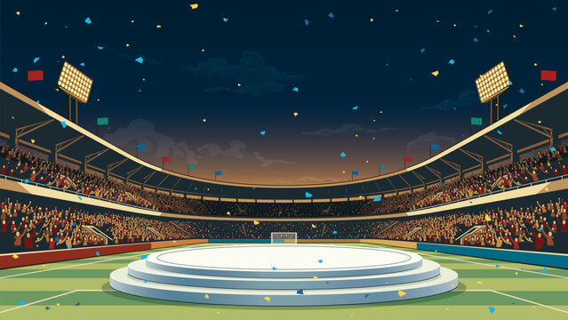 Blank round podium for placed product presentation at the middle of soccer stadium with full of fans and confetti wide angle on sunset sky background have blank space.
