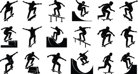 Skateboarder Silhouettes Collection Performing Tricks and Stunts Vector Set © Natasa.White