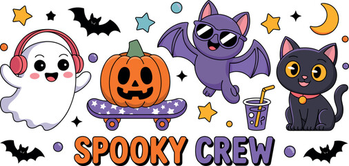 Cute Halloween vector collection featuring spooky crew ghost with headphones pumpkin on skateboard and cool bat © Md