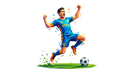 Naklejka premium Low poly soccer player celebrating a goal vector illustration