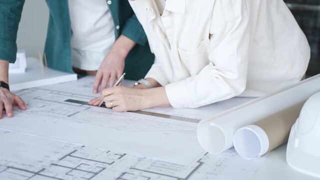 Architects discussing apartment building blueprint at office desk, using drafting tools for new architectural project design. Architecture and business concept