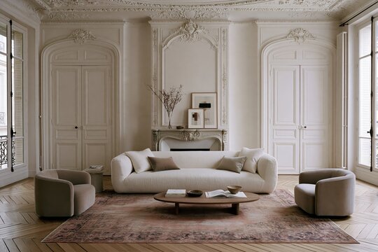 Elegant Parisian living room with cream sofa, round coffee table, columns, and ornate classical panels, refined French heritage interior.