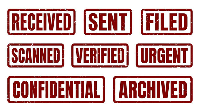 Collection of Red Rubber Stamps with Various Office and Administrative Statuses Including Received, Sent, Filed, Scanned, Verified, Urgent, Confidential, and Archived