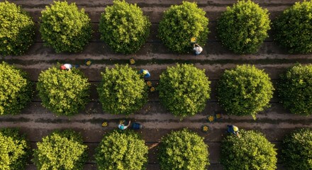 Agricultural workers harvesting citrus fruit from lush green trees in an orchard, seen from a high aerial perspective. © Wong