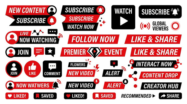 Collection of modern digital graphic elements for social media and content creation, including subscribe and watch buttons, live streaming icons, and share notifications