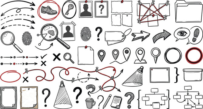Detective investigation and crime case evidence doodle vector elements set featuring detective map pins suspect photos magnifying glass fingerprints red thread clues