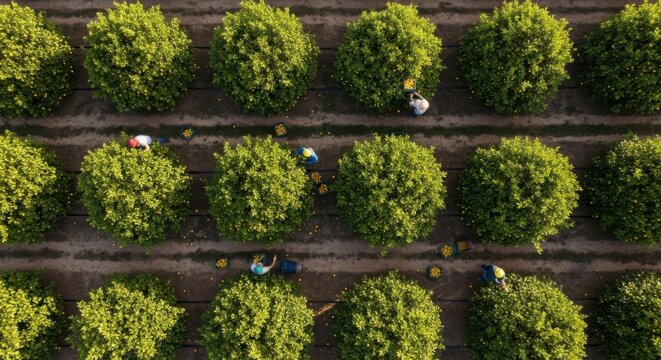 Agricultural workers harvesting citrus fruit from lush green trees in an orchard, seen from a high aerial perspective.