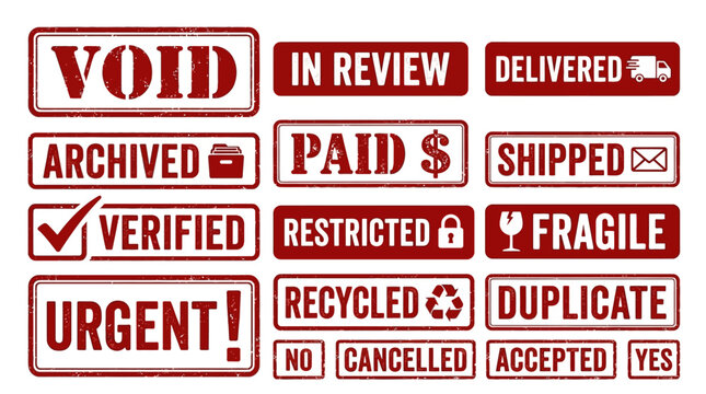 Collection of red and black status stamps, including Void, In Review, Delivered, Archived, Paid, Shipped, Verified, Restricted, Fragile, Urgent, Recycled, Duplicate, No, Cancelled, Accepted