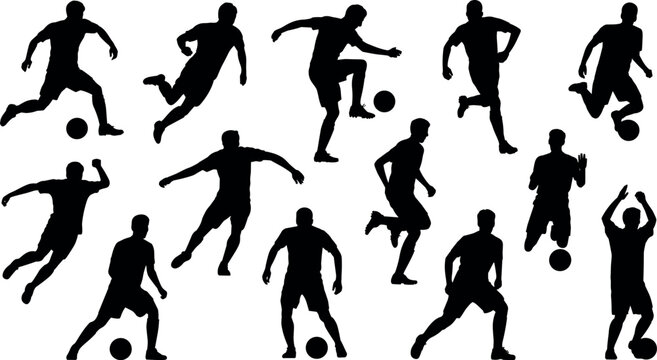 Soccer players silhouette vector collection featuring football athletes passing kicking dribbling shooting and celebrating set