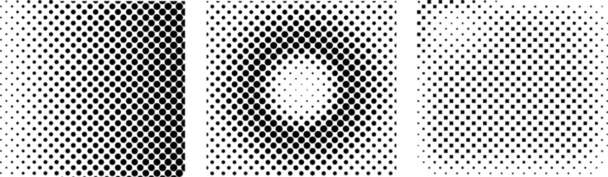 Halftone patterns show three distinct geometric gradients composed of varying dot density and size.