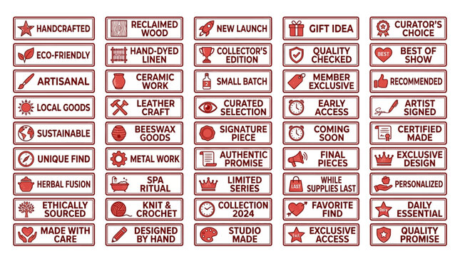 An extensive visual catalog of product attribute and quality labels, highlighting craftsmanship, sustainability, and ethical sourcing for unique, high-quality items