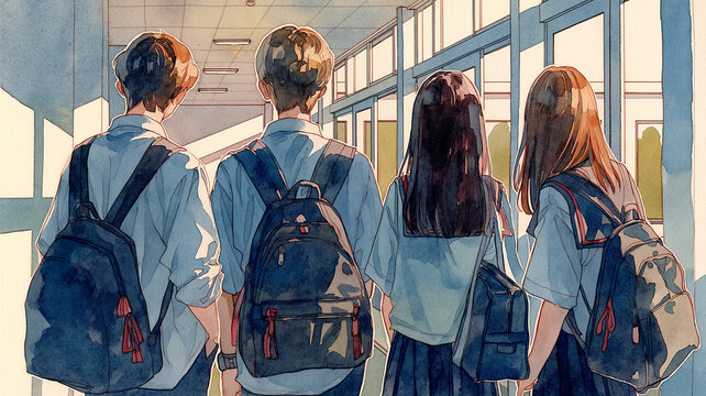 学校帰りや休み時間の会話を楽しむ学生の青春イラスト、制服、高校生、中学生、男子、女子、同級生、友人、仲間、笑顔、談笑、会話、交流、通学、登下校、学校生活、教室、校舎、日常、学園、若者、友情、絆、思い出、学び、教育、進路、成長、未来、人物、集合、自然なポーズ、親近感、明るい雰囲気、スクールライフ、放課後、学校紹介、案内素材、人物素材、青春の時間、日常風景、学生生活、青春風景、学校時間、学友、通学風景