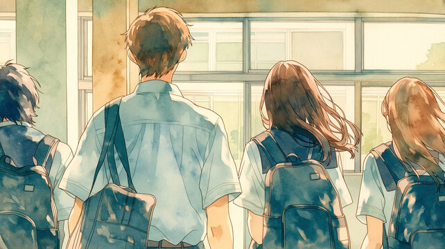 学校帰りや休み時間の会話を楽しむ学生の青春イラスト、制服、高校生、中学生、男子、女子、同級生、友人、仲間、笑顔、談笑、会話、交流、通学、登下校、学校生活、教室、校舎、日常、学園、若者、友情、絆、思い出、学び、教育、進路、成長、未来、人物、集合、自然なポーズ、親近感、明るい雰囲気、スクールライフ、放課後、学校紹介、案内素材、人物素材、青春の時間、日常風景、学生生活、青春風景、学校時間、学友、通学風景