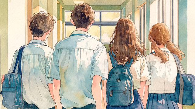 制服姿で楽しそうに話す学生グループのイラスト、高校生、中学生、男子生徒、女子生徒、同級生、友人、会話、談笑、登下校、休憩時間、学校、教室、校舎、通学、学園生活、友情、仲良し、青春、日常、若者、笑顔、交流、つながり、思い出、学び、教育、人物、集合、爽やか、親近感、自然な表情、スクールライフ、放課後、朝の風景、学校案内、学校紹介、進学、成長、未来、人物素材、学生の日常風景、学園風景、学友、青春素材、絆