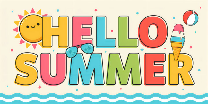Colorful hello summer greeting with sun and ice cream graphic design illustration