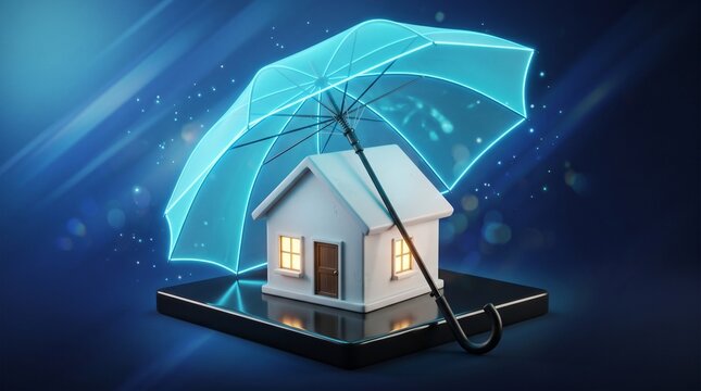 Digital House Protection: A futuristic digital umbrella shields a miniature house placed on a smartphone, symbolizing online security and property protection in the digital age.