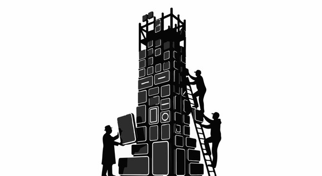 Team building a tall structure of framed pictures, symbolizing shared vision and collective effort.