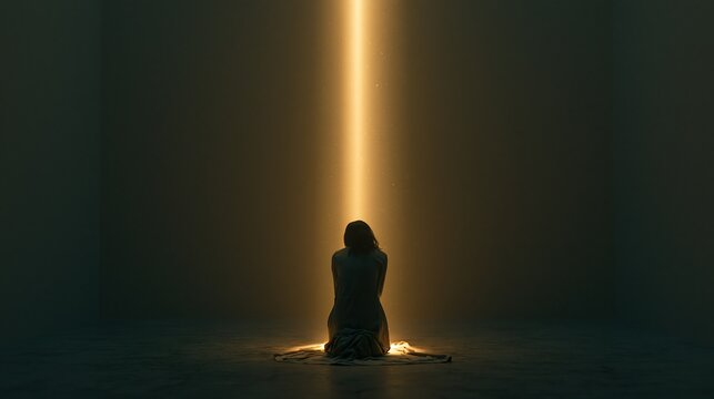 Solitary Woman Kneeling Under Divine Light, Christian Prayer and Spiritual Surrender Concept