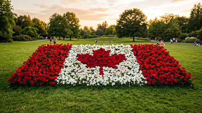 Vibrant floral Canadian flag in a serene park at sunset