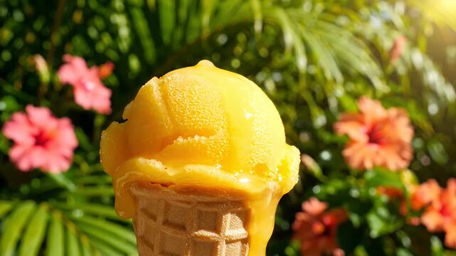 Yellow fruit sorbet scoop inside waffle cone. Cold dessert treat. Frozen snack food item cone.